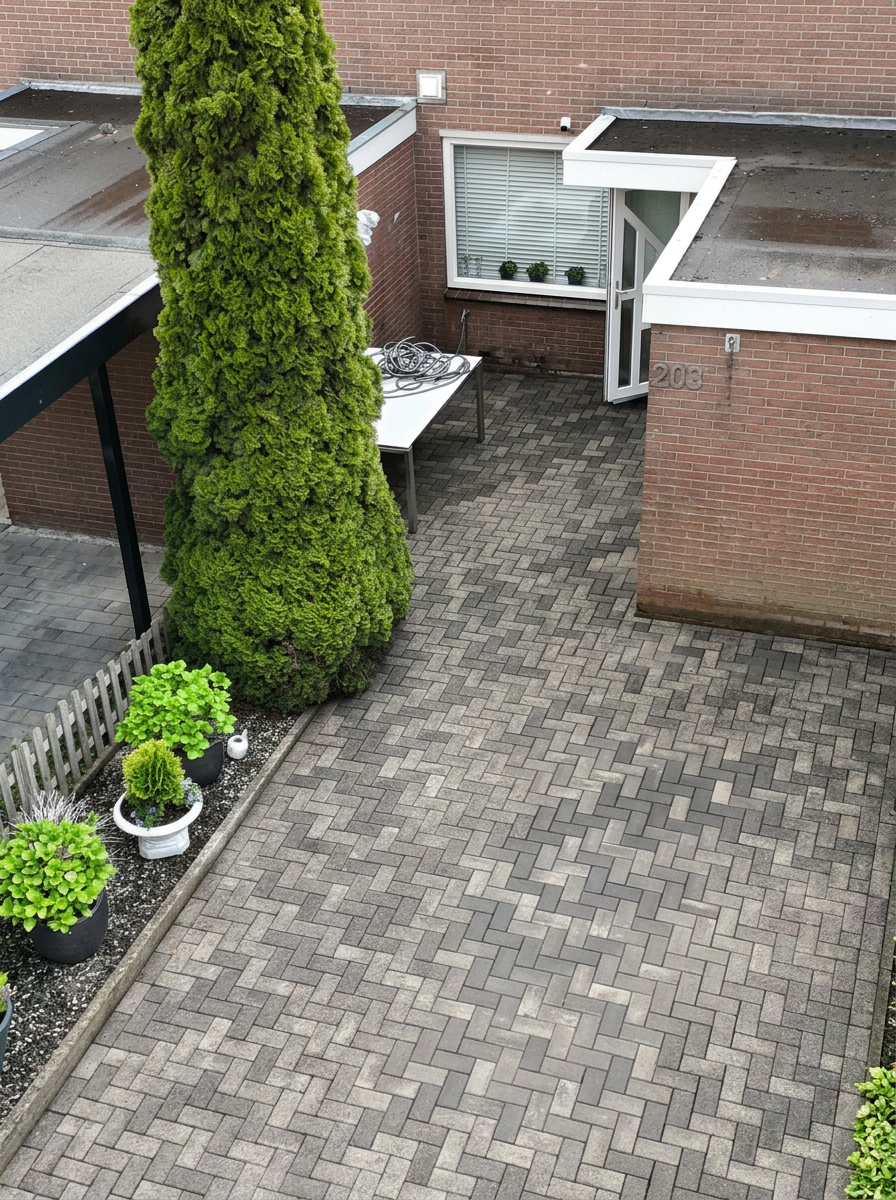 Stralend schone moderne tuin met veranda en tegels na professionele reiniging